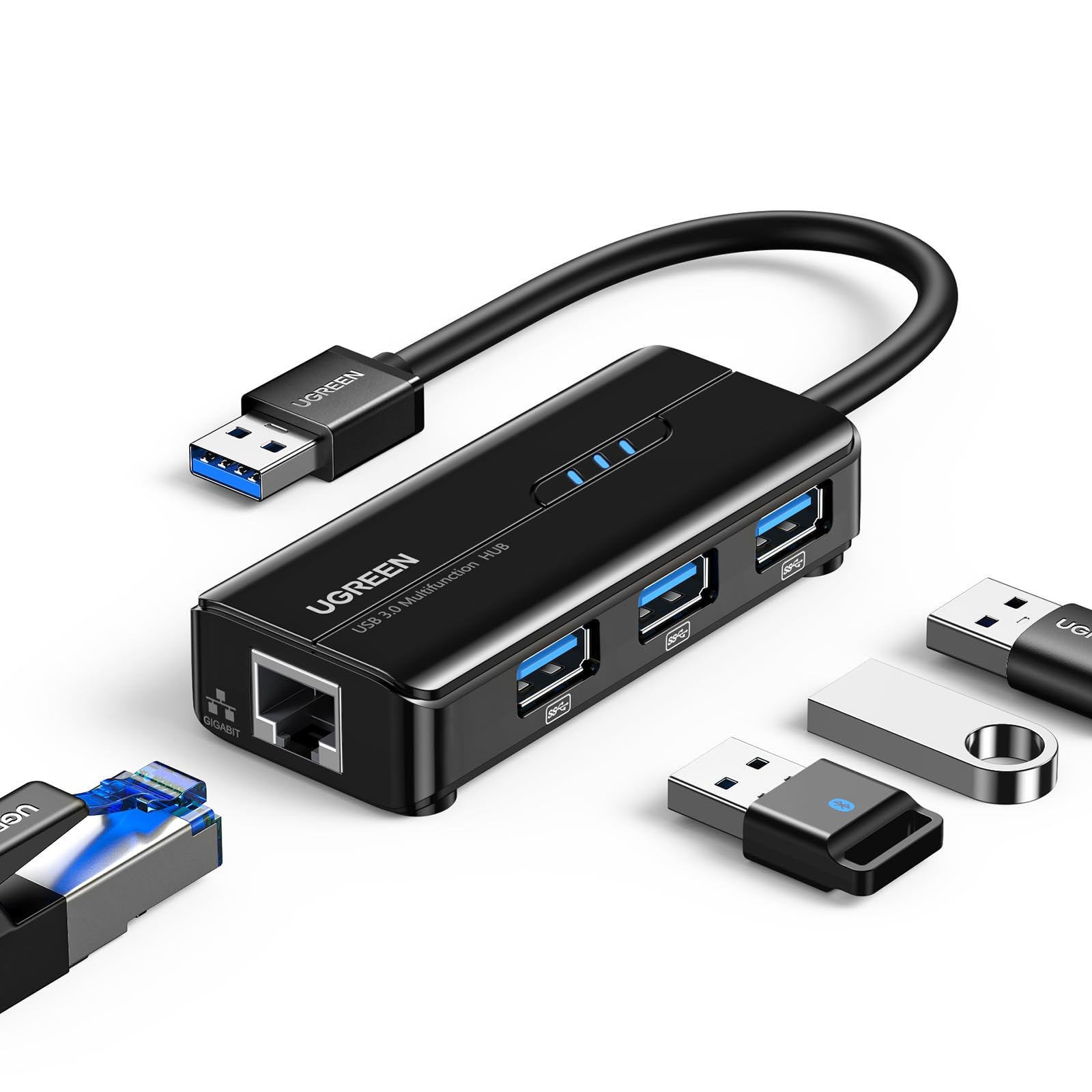 UGREEN USB3.0 to 3×USB3.0 +RJ45 (1000M) Ethernet Adapter Type-C Power Supply (UG-60554)