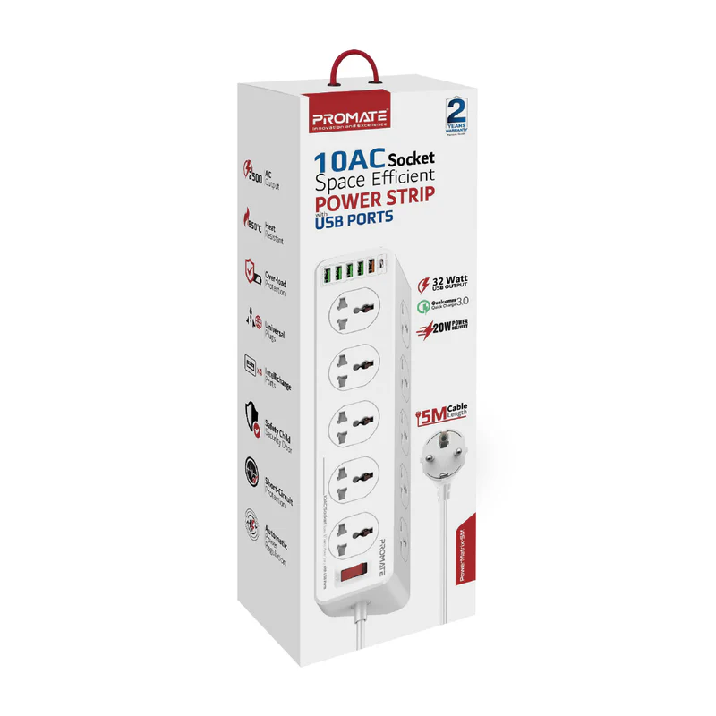 Promate 10AC Socket Space Efficient Power Strip with USB Ports (PowerMatrix-3M)