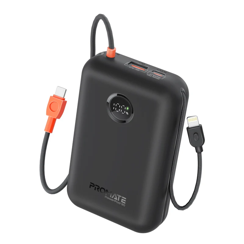 Promate 30000mAh Ultra Compact 35W SuperSpeed Power Bank with Built-In USB-C & Lightning Cable (PowerPod-30)