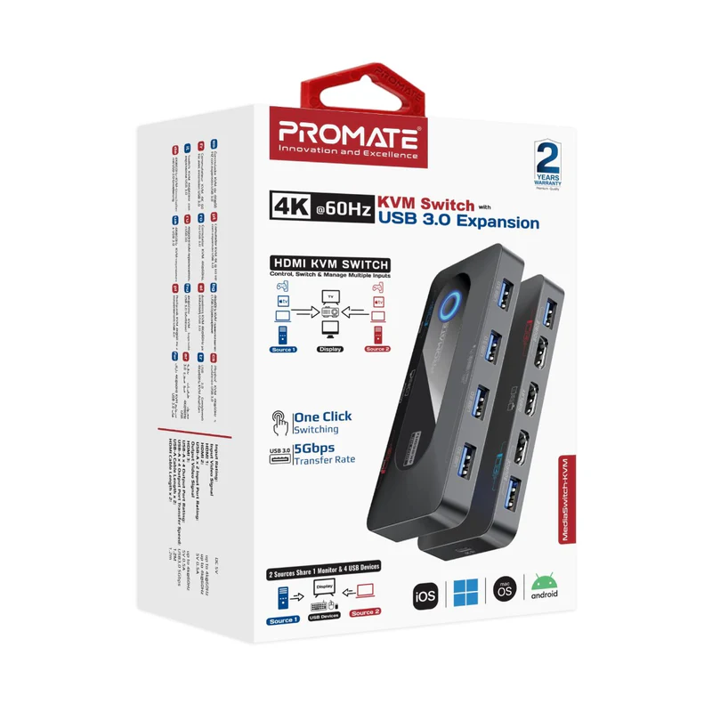 Promate 4K@60Hz KVM Switch with USB 3.0 Expansion (MediaSwitch-KVM)