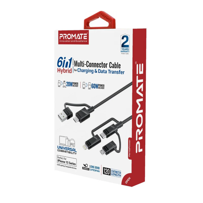 Promate 6-in-1 Hybrid Multi-Connector Cable for Charging & Data Transfer – 1.2m (PentaPower)