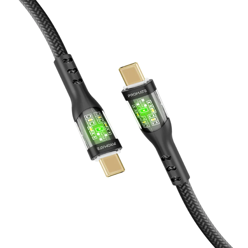 Promate 60W Power Delivery Ultra-Fast USB-C Cable with Transparent Shells – 1.2m (TransLine-CC)