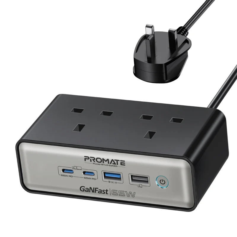Promate 65W Power Delivery GaNFast Charging Station with 3250W Dual AC Socket (PowerBrix2-GaN65)
