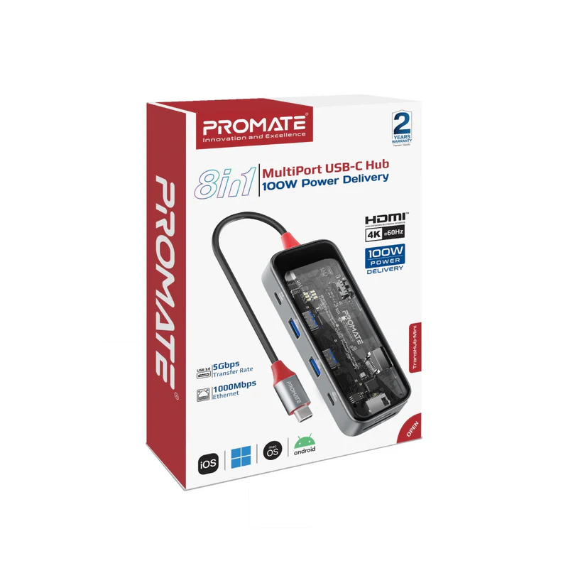 Promate 8-in-1 Transparent Ultra-Fast Multiport USB-C Hub with 100W Power Delivery (TransHub-Mini)
