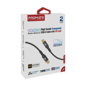 Promate High Tensile Transparent 100W Power Delivery USB-C Cable with LED Light – 2m (LucidLine-CC200)
