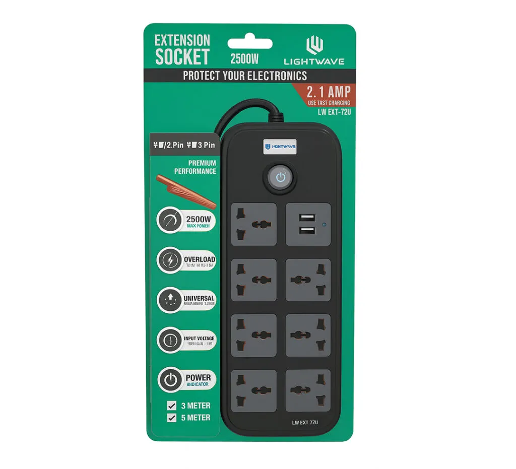 Lightwave Extension Socket 72UC-3P7Way + 1 USB + 1 Type-C Fast Charging (2.1A) 3Mtr (LW EXT-72U)
