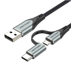 Vention USB 2.0 A Male to 2-in-1 Micro-B & USB-C Male 3A Cable 0.5M Gray Aluminum Alloy Type (CQEHD)